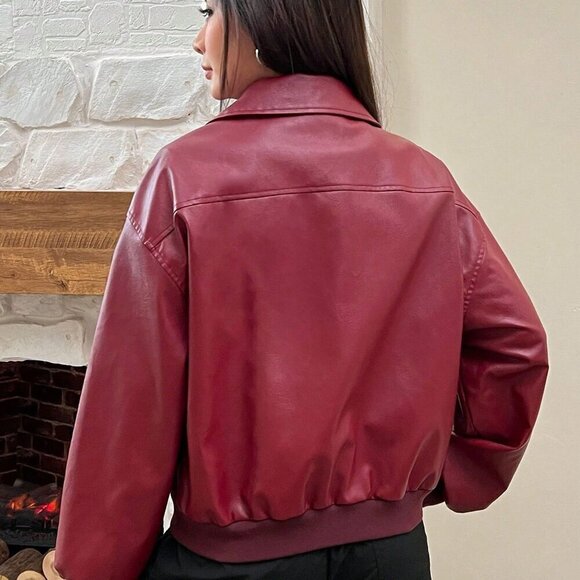 Burgundy Casual Women's Drop Shoulder Long Sleeve Zip Up Red Pu Leather Jacket - Picture 3 of 6